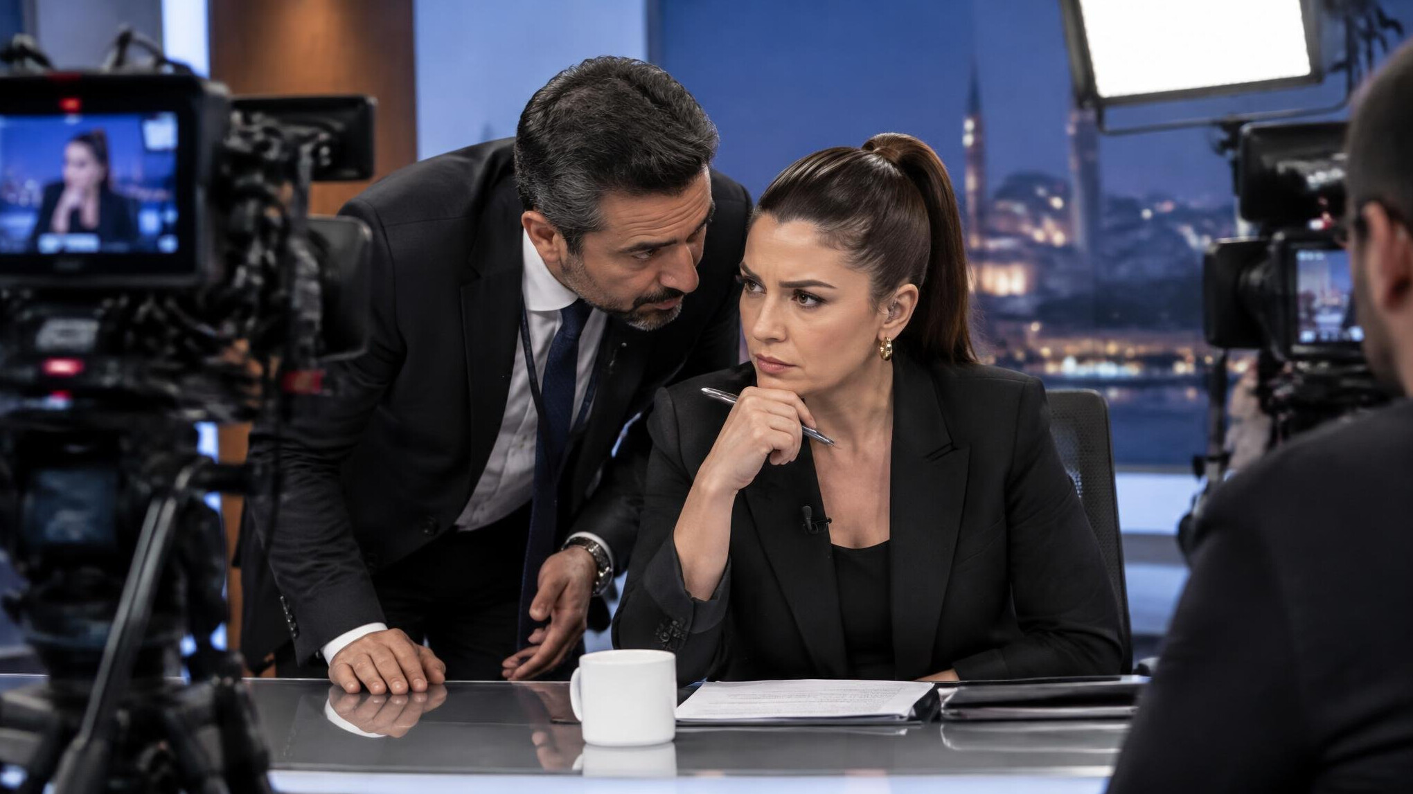 Mediator speaking quietly to a talk show host during a broadcast break