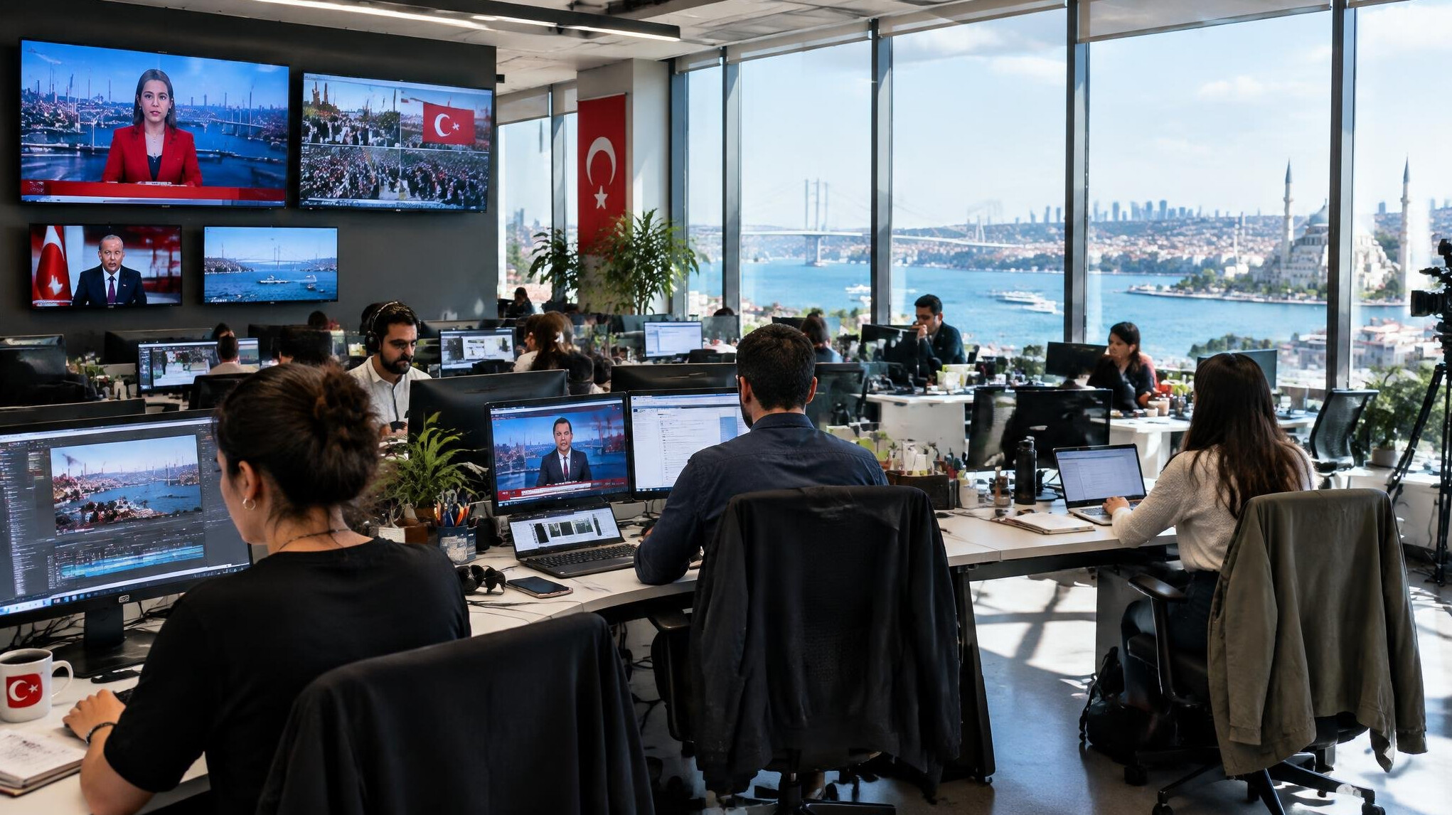Newsroom with journalists working at their desks
