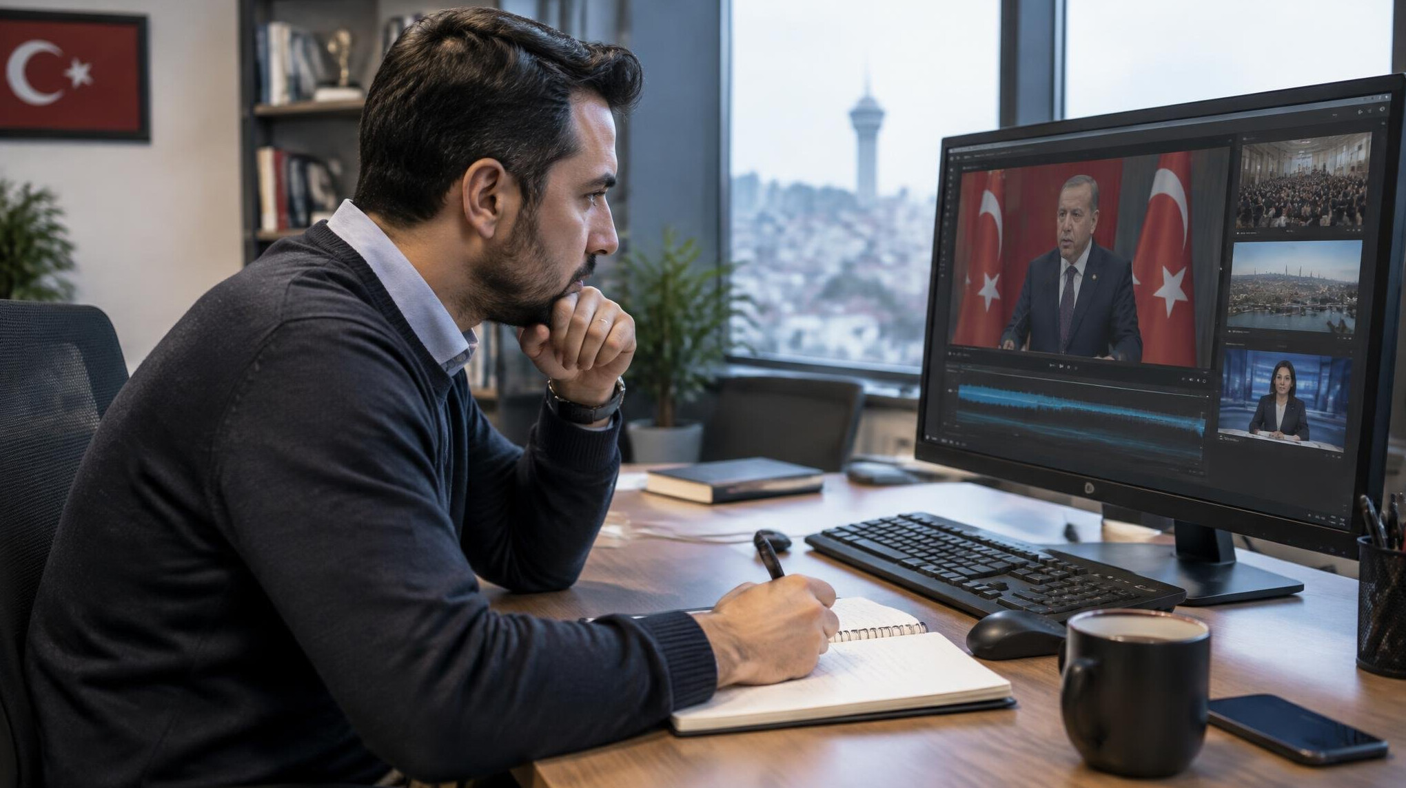 Analyst reviewing broadcast footage on a monitor with notes