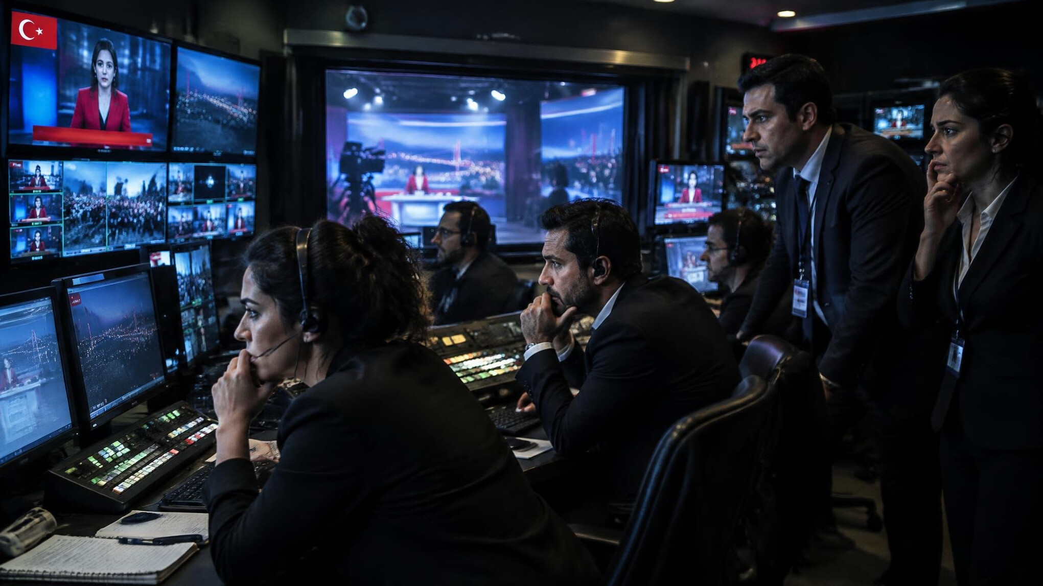 Television studio control room during a tense live broadcast