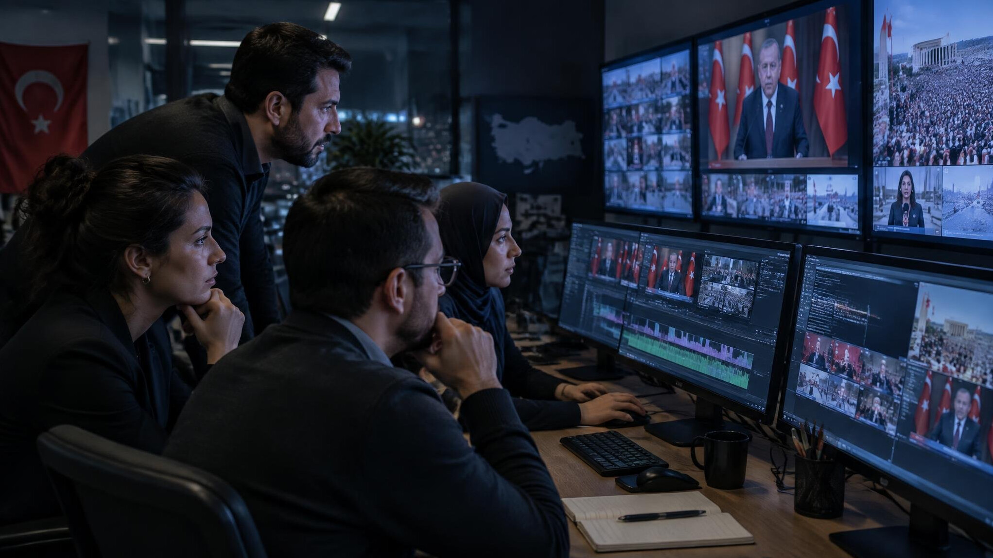 Media analysts reviewing broadcast footage on multiple monitors